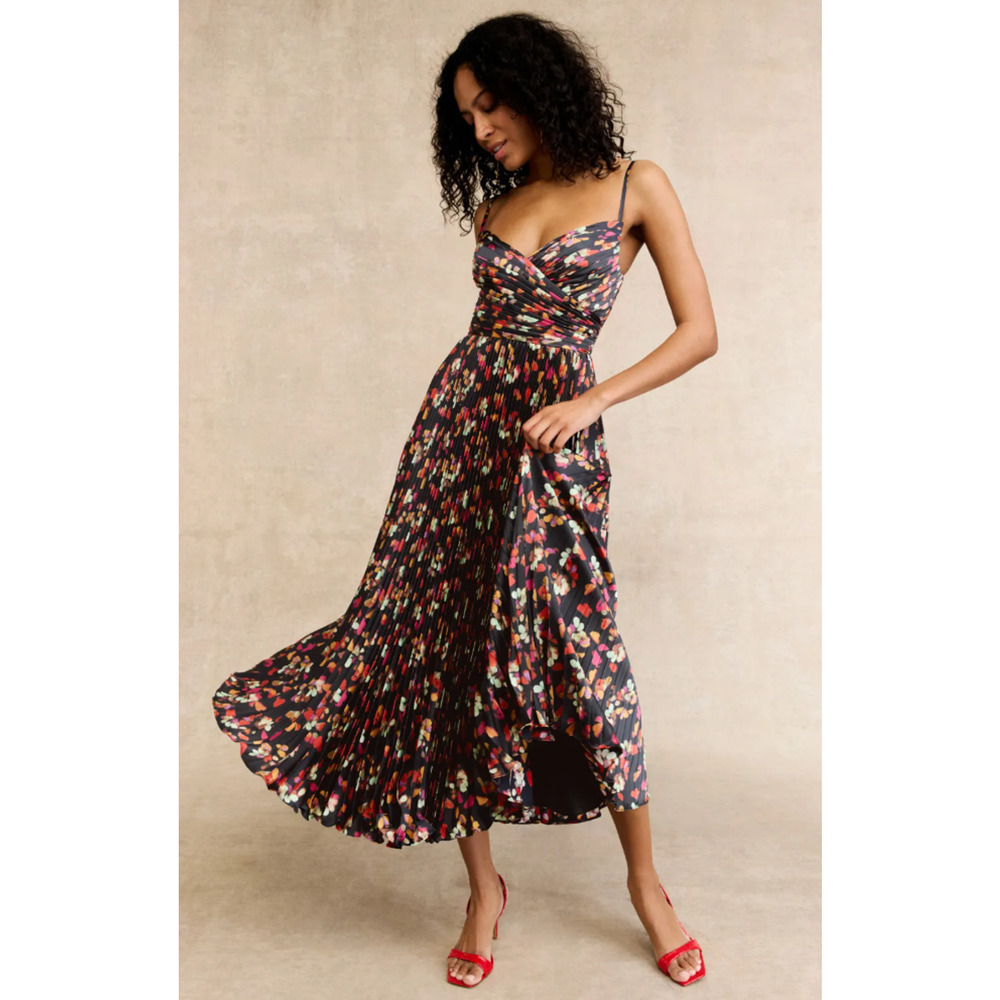Ieena for Mac Duggal Pleated Printed Charmeuse Asymmetrical Midi Dress